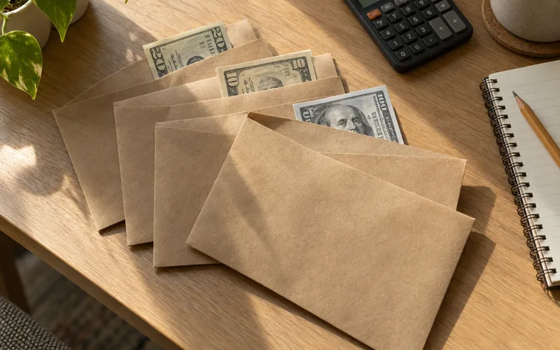 Plain paper envelopes holding folded cash beside a notebook and calculator on a desk