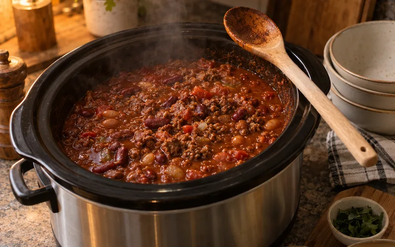 Bean and beef chili steaming in an open slow cooker on a kitchen counter