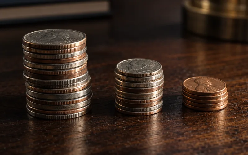 Coins sorted into one large, one medium and one small pile on a wooden desk