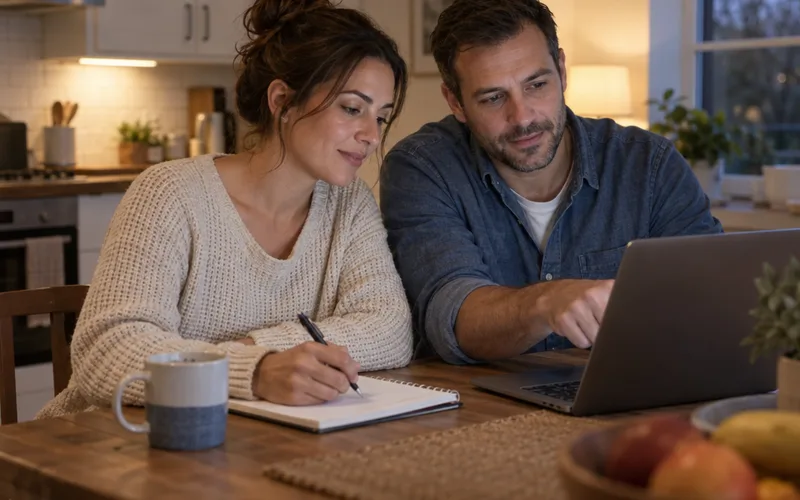 Couple sitting at a kitchen table with a notebook and laptop, planning their budget