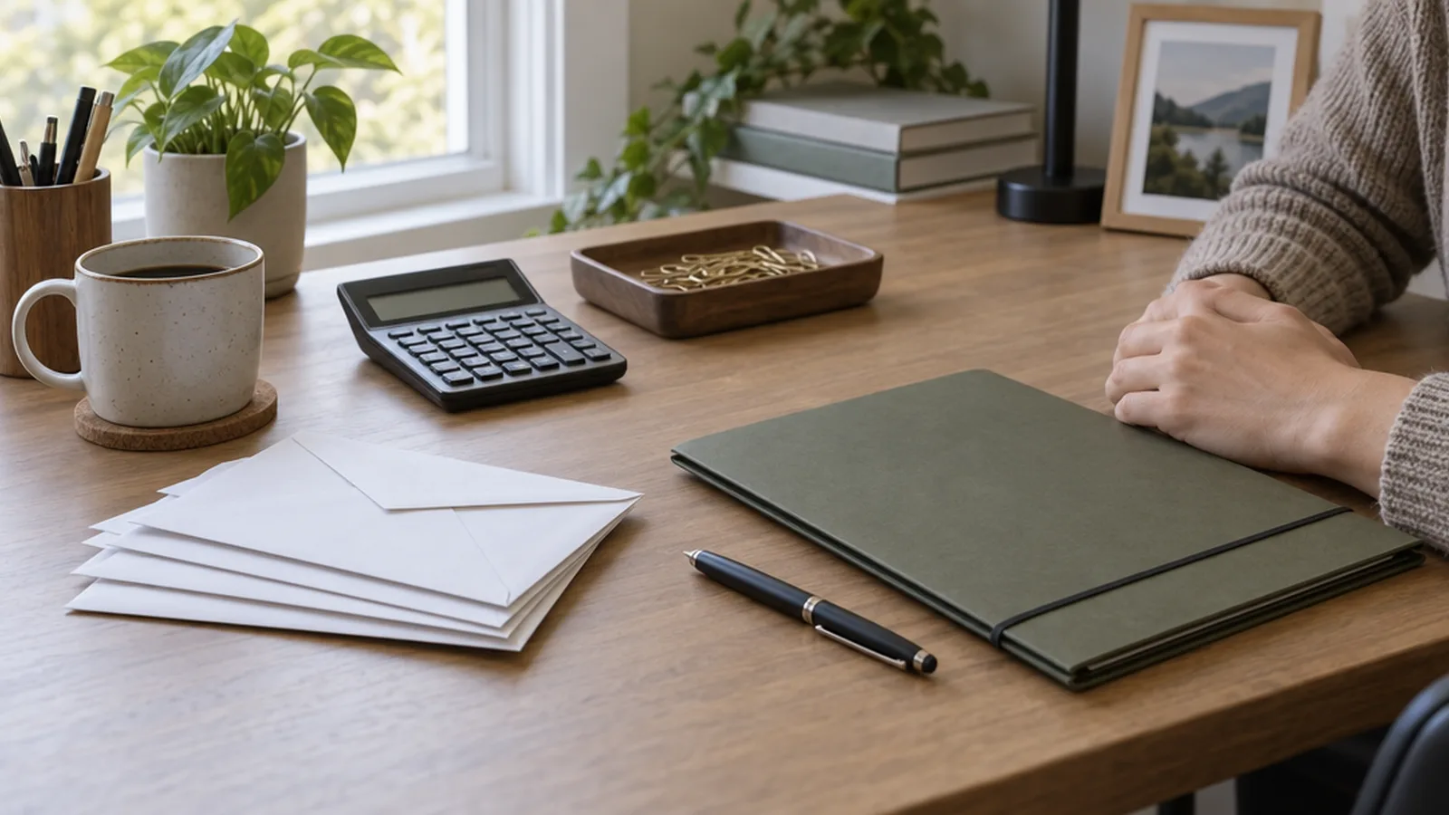 Desk with sealed envelopes, a calculator and a closed folder in calm daylight