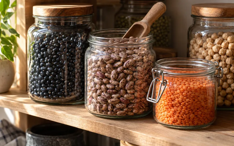 Glass jars of dried beans, lentils and chickpeas on a wooden pantry shelf