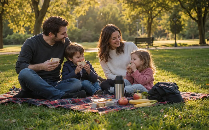 Family sharing a homemade picnic on a blanket in a public park