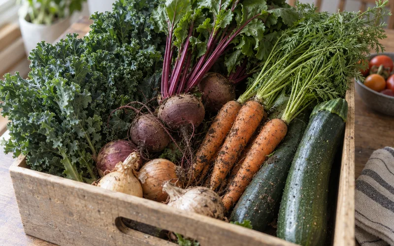 Farm share box of fresh kale, beets, carrots, zucchini and onions on a kitchen table