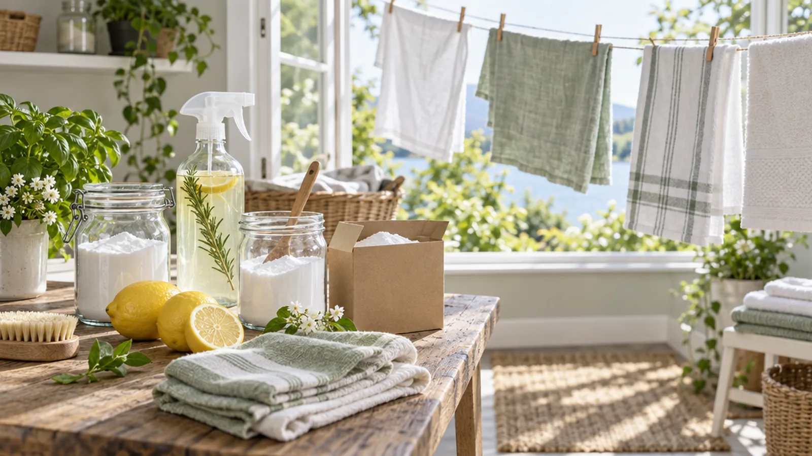 Bright laundry corner with jars of homemade cleaners, lemons and drying towels