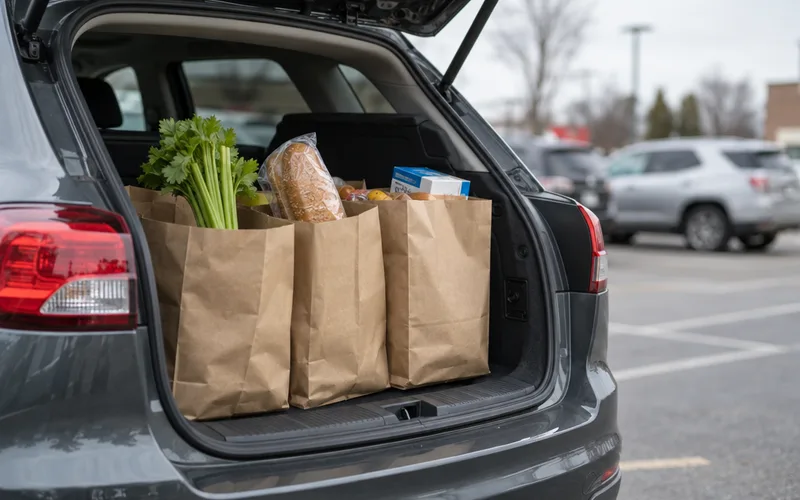 Plain paper grocery bags packed in an open car trunk after an order pickup