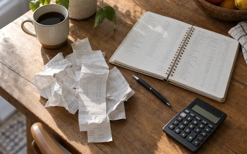 Grocery receipts piled beside an open budget notebook and a calculator on a kitchen table