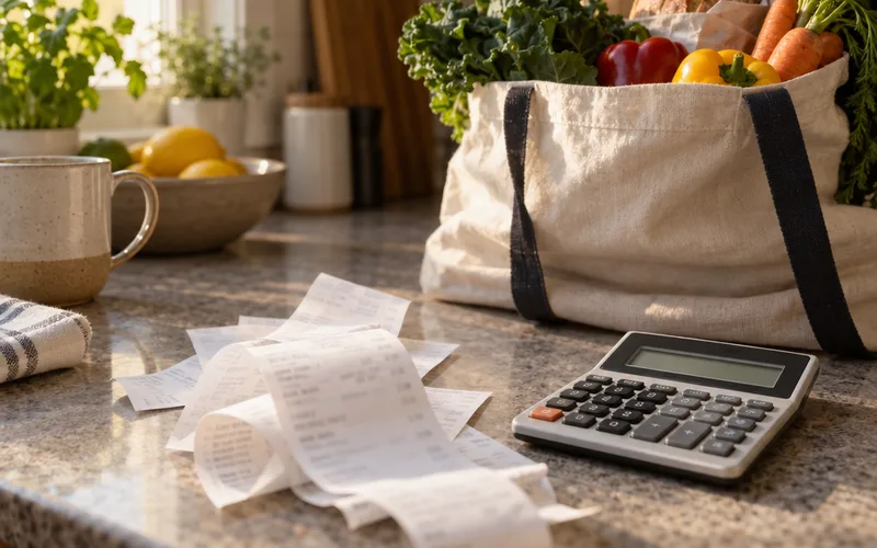 Grocery receipts and a calculator on a counter next to a bag of groceries