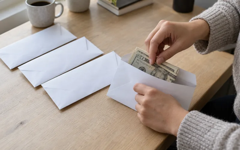 Hands placing folded cash into plain paper envelopes on a desk