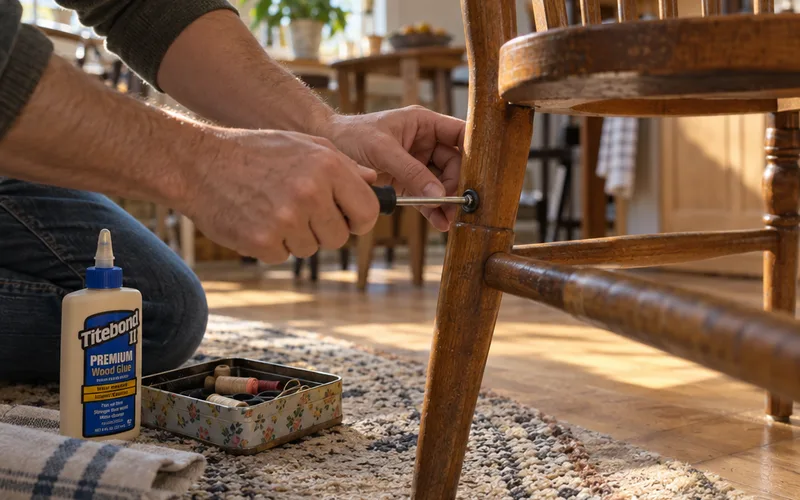 Hands tightening a screw on a wooden chair leg with a small screwdriver