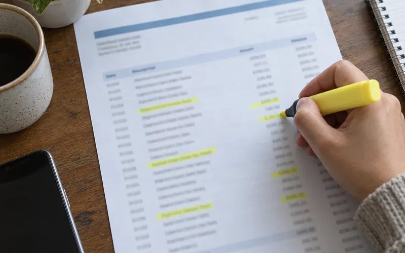 Hand highlighting recurring charges on a printed bank statement at a desk