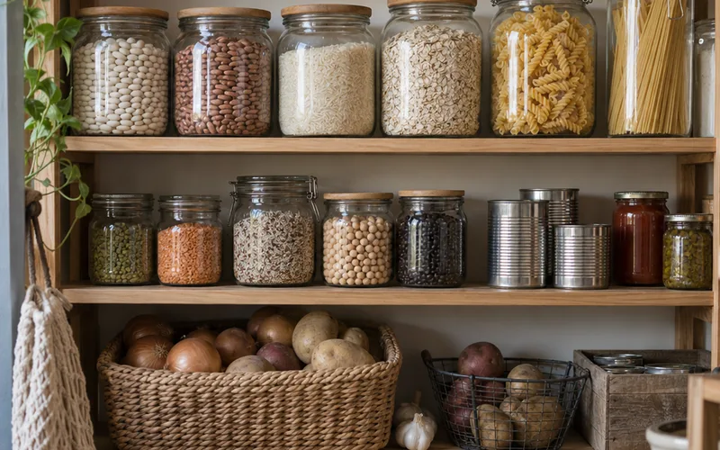 Home pantry shelves stocked with jars of beans, rice, oats and pasta