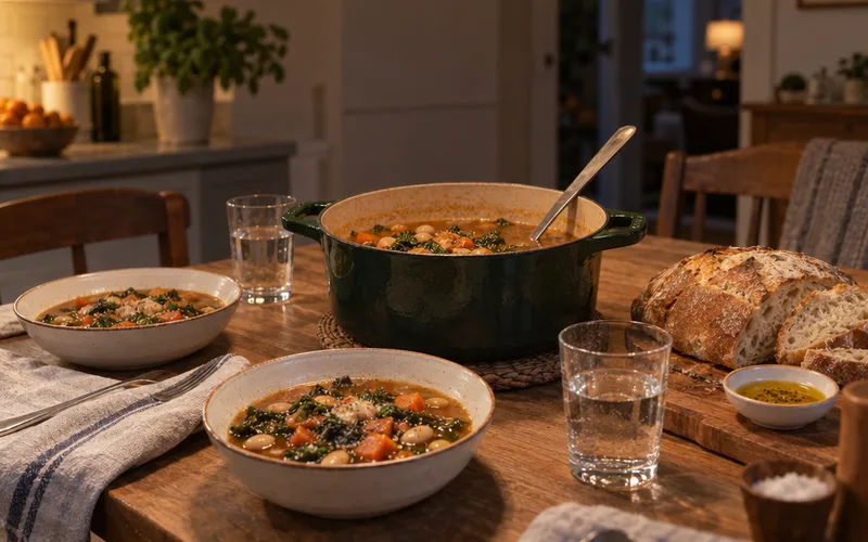 Pot of homemade bean and vegetable soup with bowls and bread on a kitchen table