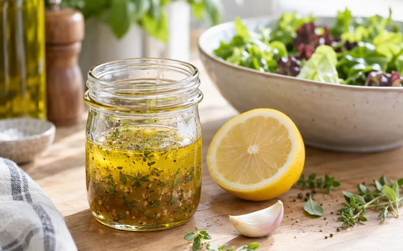 Glass jar of homemade herb vinaigrette next to a lemon, garlic and a green salad
