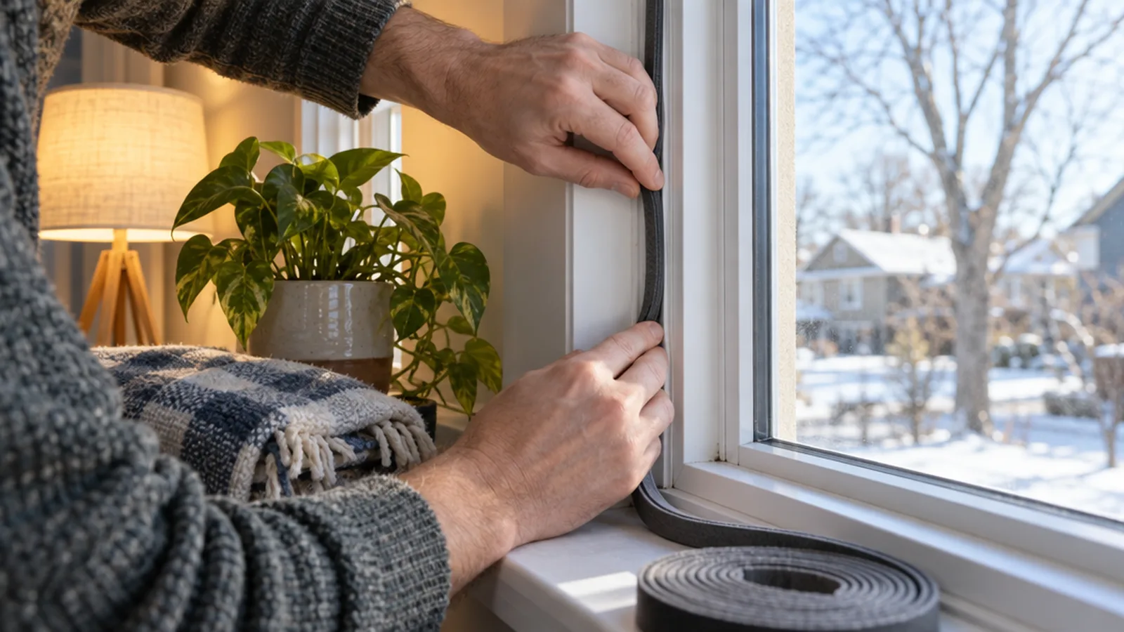 Hands sealing a window frame with weatherstripping in a sunlit home