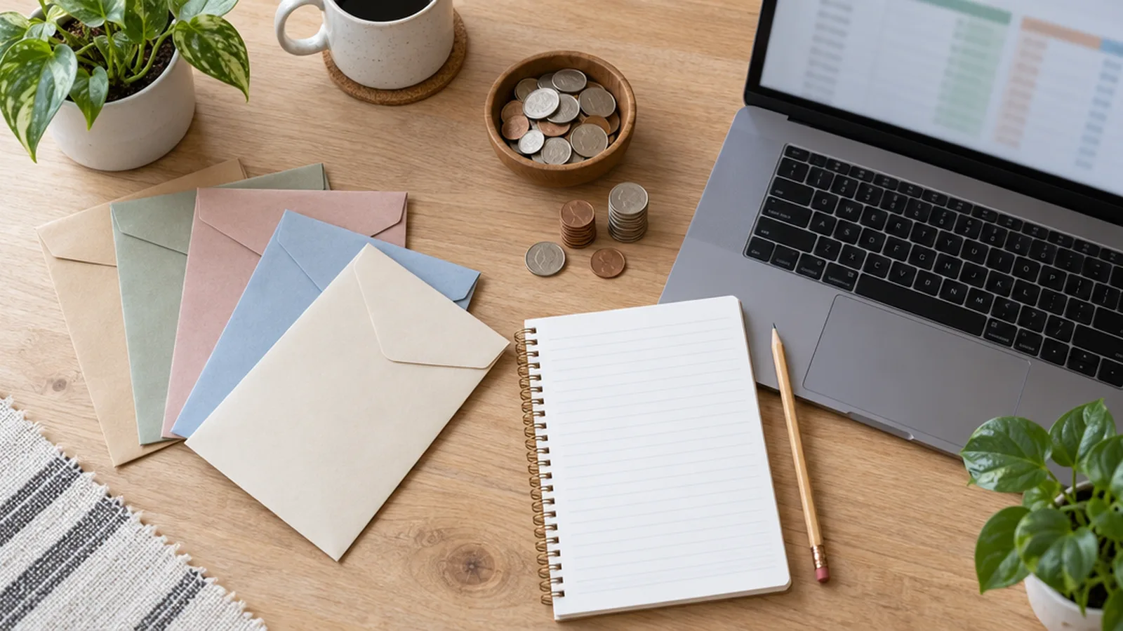 Overhead view of cash envelopes, coins, a notebook and a laptop on a wooden table