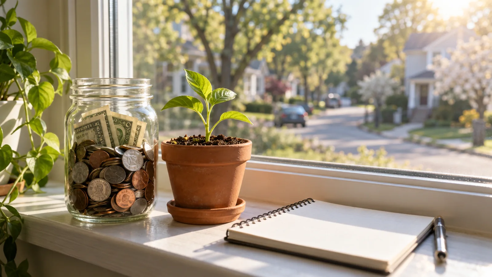 Jar of coins beside a seedling in a terracotta pot on a sunny windowsill
