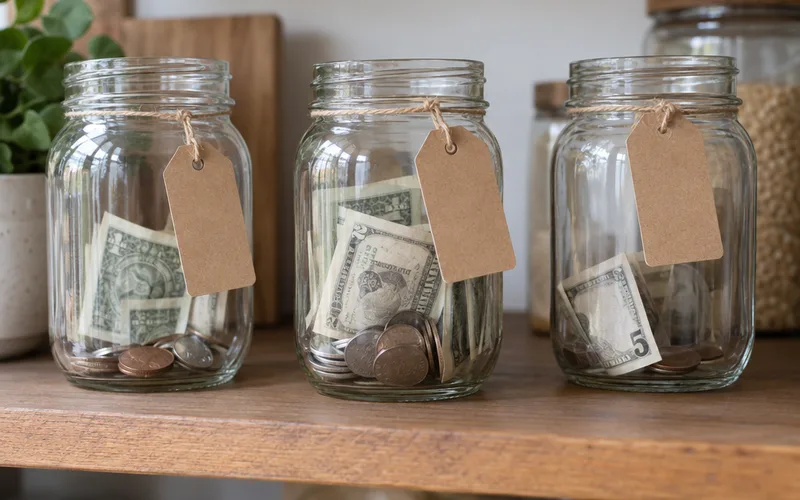 Three glass jars holding folded cash on a shelf, set aside for yearly bills