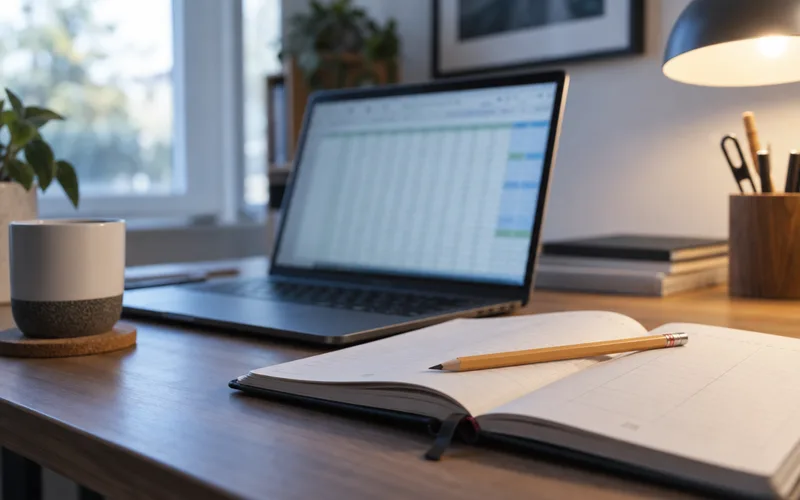 Laptop showing a blurred spreadsheet next to an open paper planner and pencil