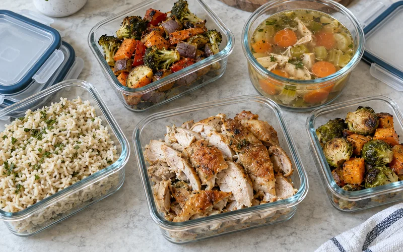 Glass containers of leftover chicken, rice, vegetables and soup on a kitchen counter