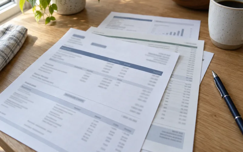 Pay stubs and printed bank statements spread on a kitchen table beside a pen