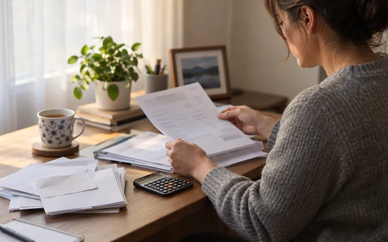 Person at a desk sorting through a small stack of household bills with a calculator