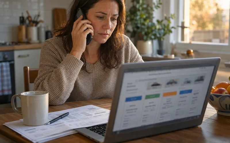 Person on a phone call at a kitchen table comparing internet prices on a laptop