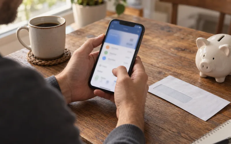 Hands holding a smartphone over a kitchen table next to a piggy bank and coffee mug