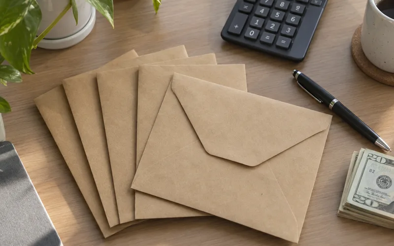 Plain paper envelopes, a calculator and folded cash arranged on a desk