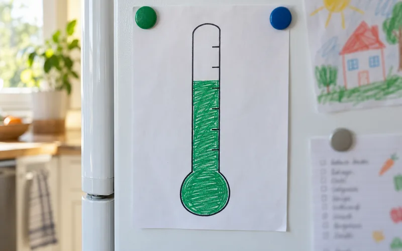 Hand-drawn savings thermometer chart colored in green on a refrigerator door
