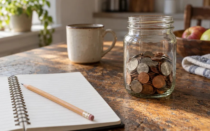 Open notebook and pencil beside a glass jar of coins on a wooden kitchen table