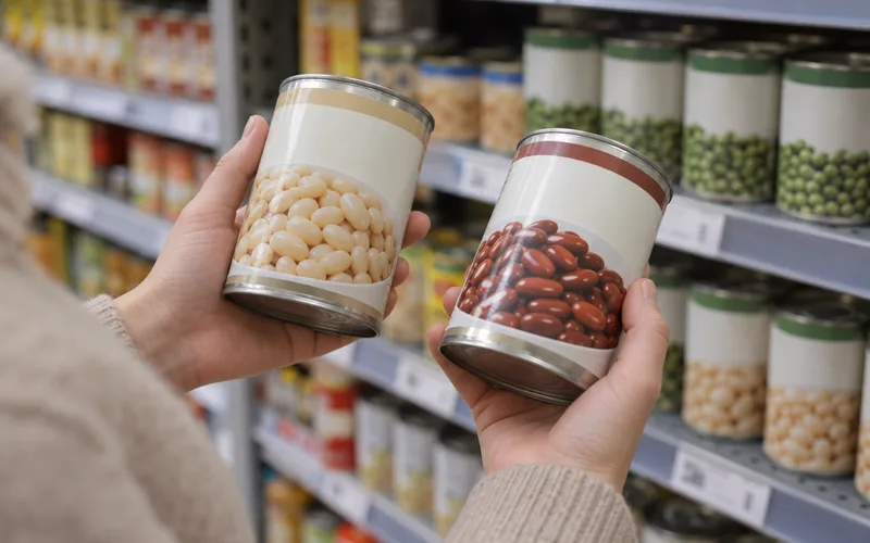 Shopper's hands comparing two cans of beans in a grocery store aisle