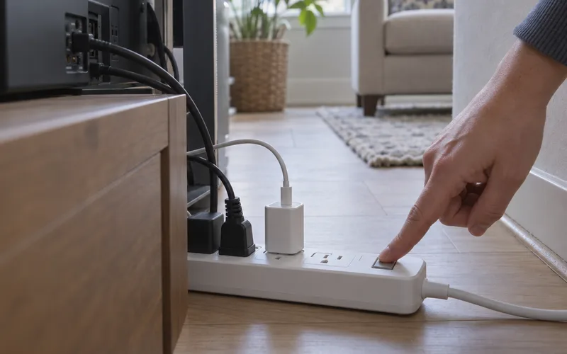 Hand switching off a smart power strip that powers a TV, game console and charger
