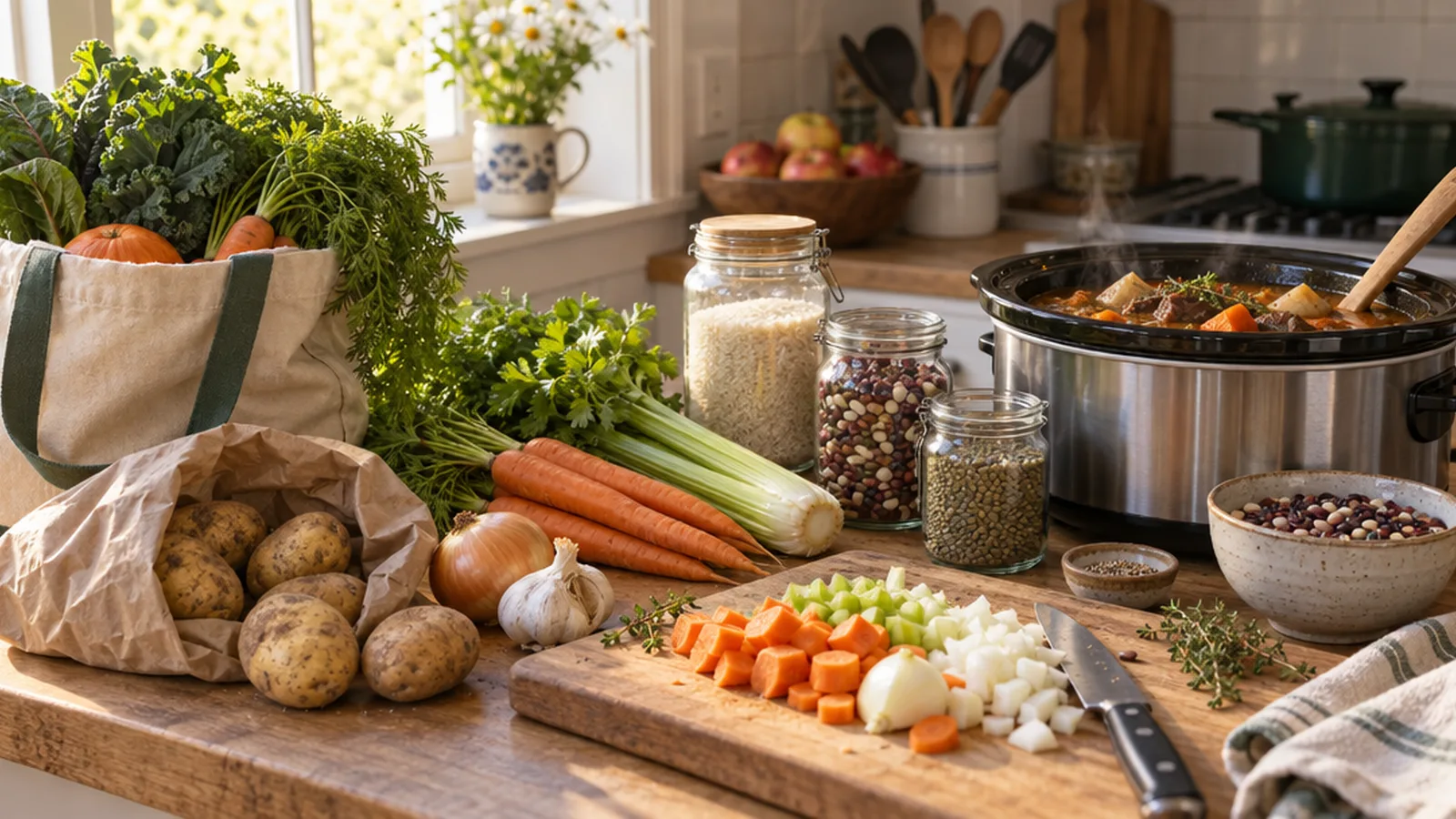 Kitchen counter with vegetables, pantry staples in jars and a slow cooker stew