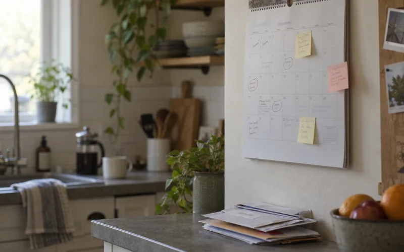 Kitchen wall calendar with circled bill due dates above a stack of opened mail