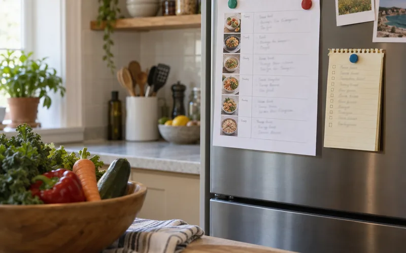 Handwritten weekly meal plan and shopping list on a refrigerator door above fresh vegetables