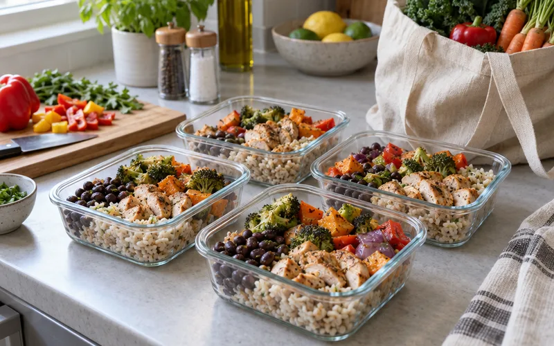 Glass meal prep containers with rice, beans and vegetables on a home kitchen counter