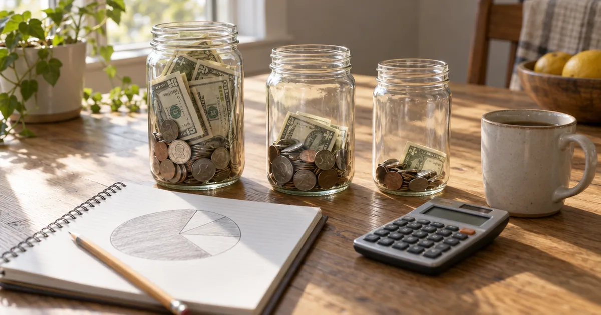 Three glass jars holding different amounts of cash beside a notebook pie chart and calculator on a kitchen table