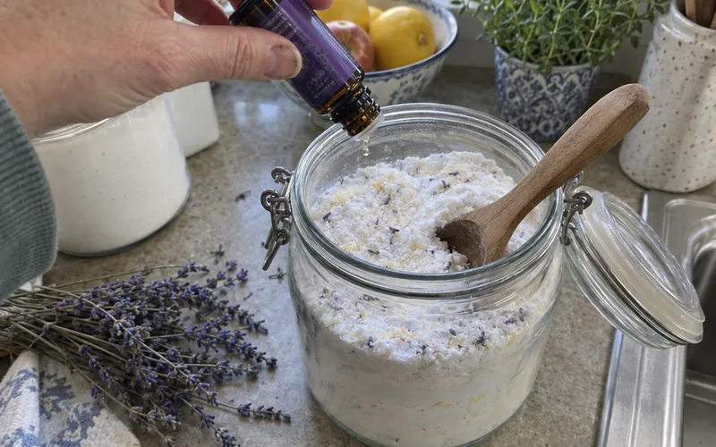 Adding drops of lavender essential oil to a jar of homemade laundry detergent