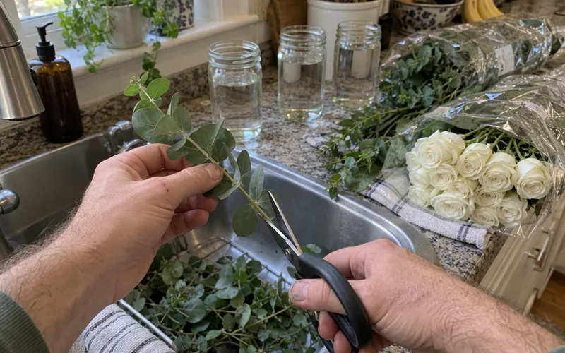 Hands trimming greenery stems beside grocery-store flowers and glass jars for wedding centerpieces