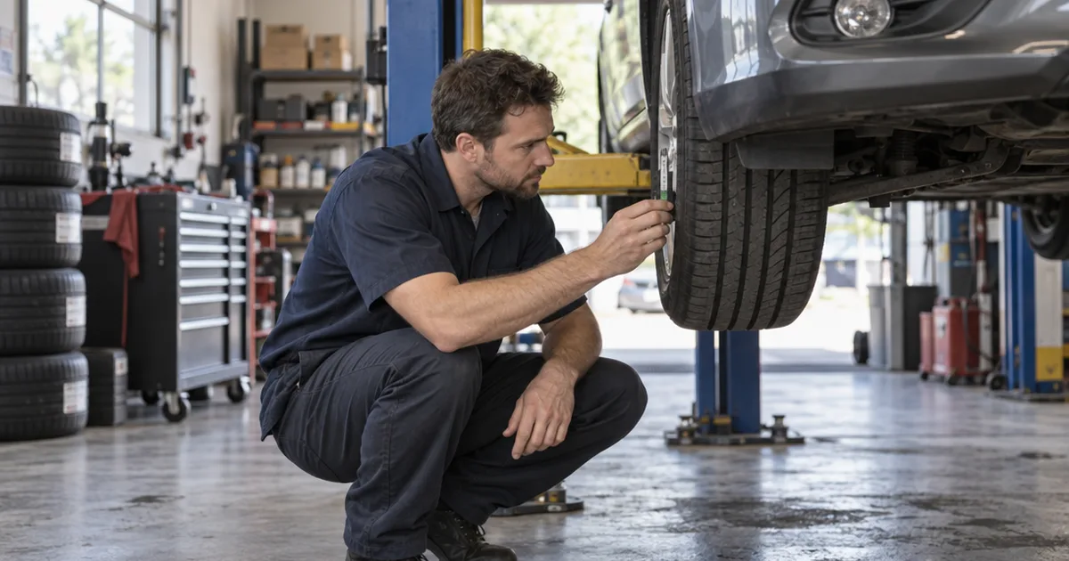 Mechanic checking the tire tread on a sedan raised on a lift in a small auto repair shop