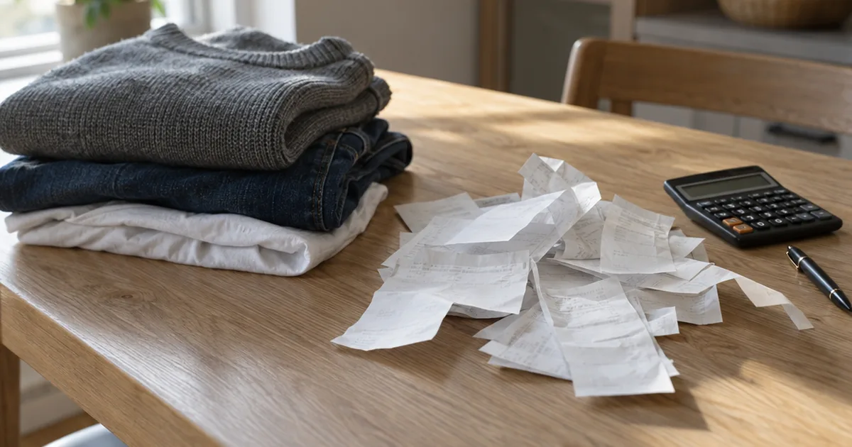 Neatly folded sweaters and jeans beside a pile of store receipts and a calculator on a wooden kitchen table