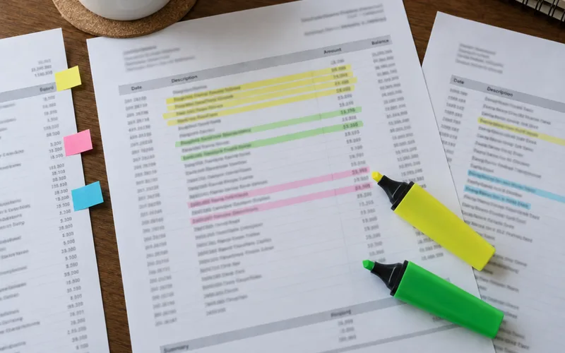 Printed bank statements marked with highlighters to sort spending into categories