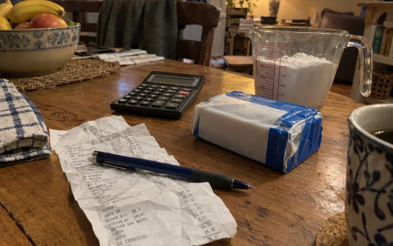 Grocery receipt, calculator, bar of soap and measuring cup for pricing a batch of homemade detergent