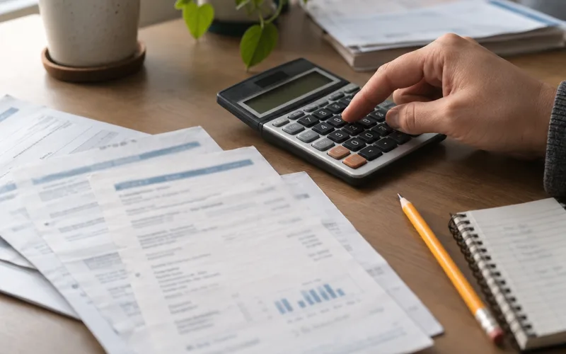 Hand using a calculator beside a fanned stack of paper bills on a desk
