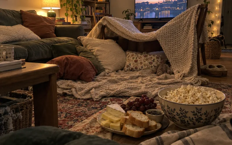 Pillow and blanket nest with popcorn and a snack plate for a movie night at home