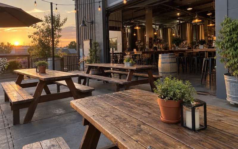 Brewery patio with long wooden tables and an open roll-up door to the taproom