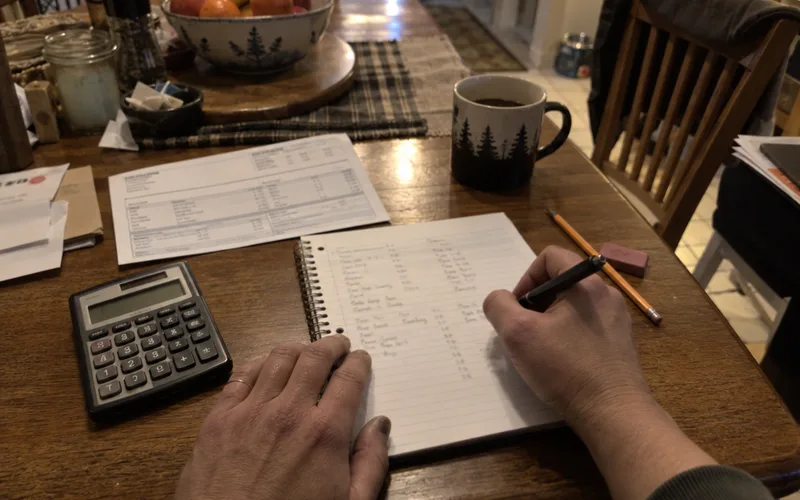 Hands writing budget categories in a notebook beside a calculator