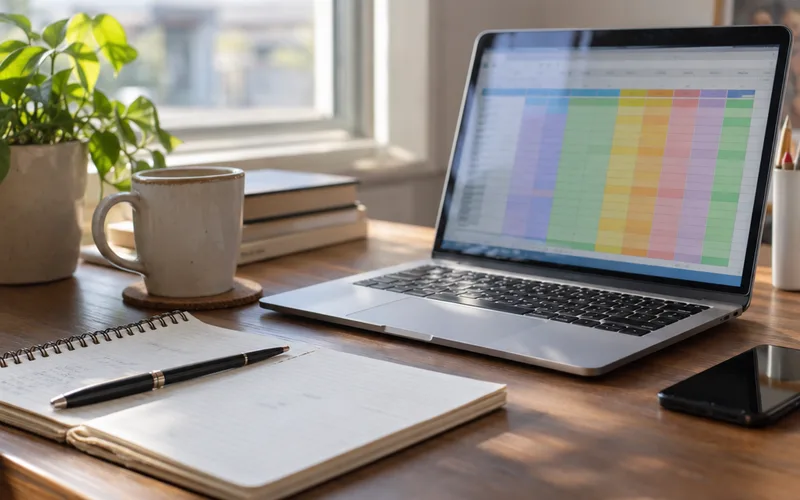 Laptop showing a budget spreadsheet beside a paper notebook and pen on a desk