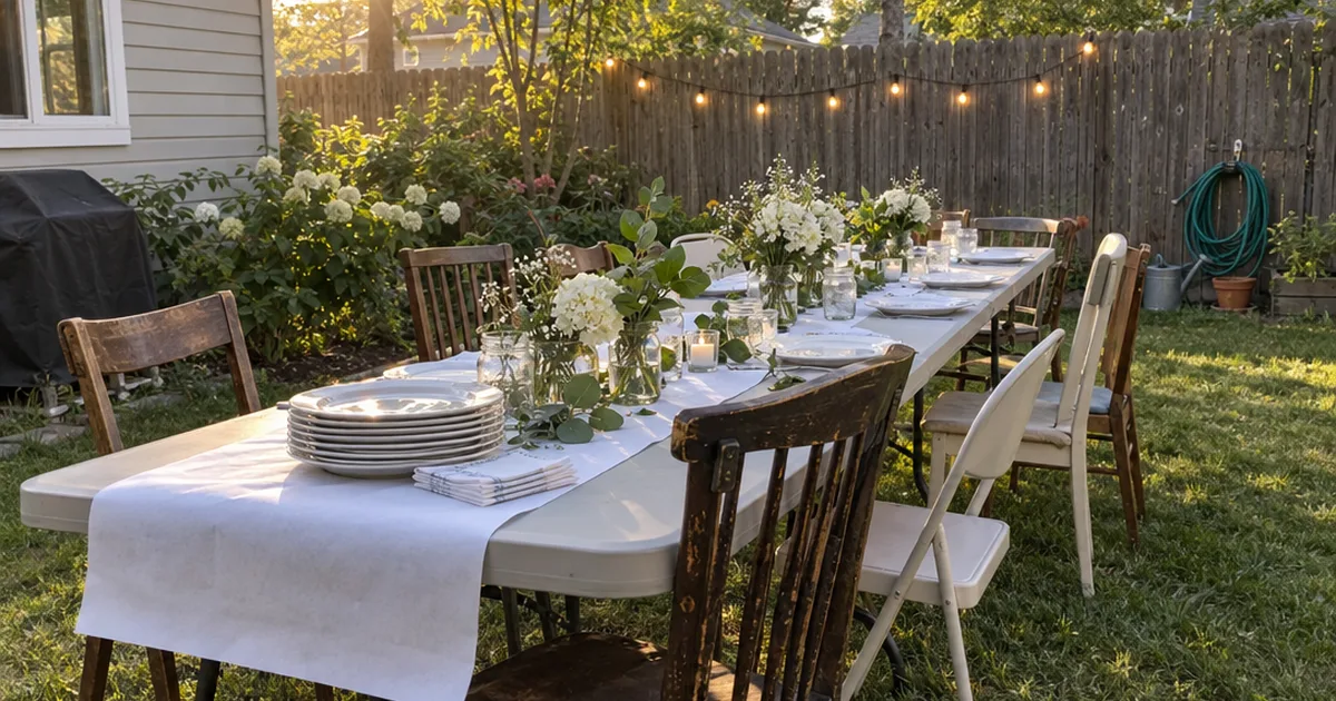 Small backyard wedding dinner table with folding chairs, jars of greenery and string lights